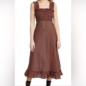 Ganni Seersucker Check Smocked Dress “Flame” | Size XS (EU 32)